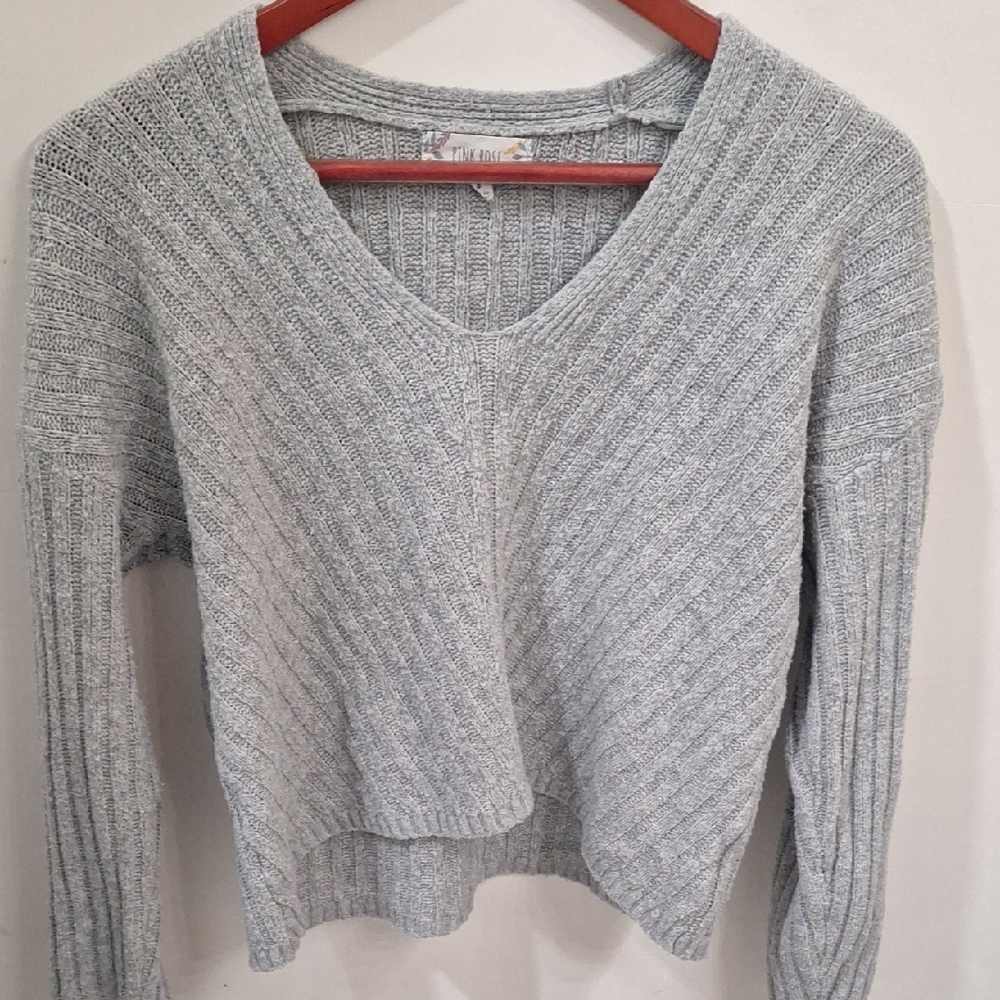 Pink Rose Light Gray V-Neck Sweater